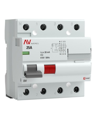 DV 4P 25А/ 30мА (AC)  AVERES (rccb-4-25-30-ac-av). Выключатели дифференциального тока (УЗО). EKF в Барнауле