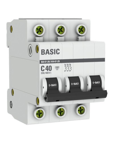 Автоматический выключатель 3P 40А (C) 4,5кА ВА 47-29 Basic (mcb4729-3-40C). Автоматический выключатель. EKF в Барнауле