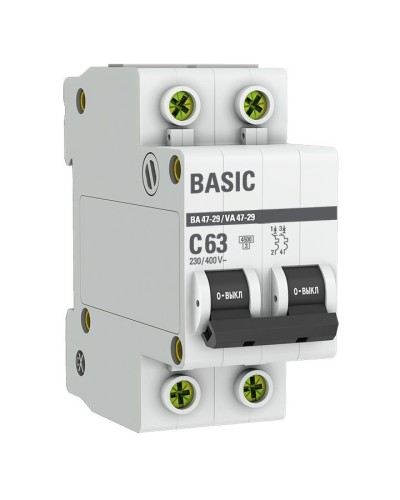 Автоматический выключатель 2P 63А (C) 4,5кА ВА 47-29 Basic (mcb4729-2-63C). Автоматический выключатель. EKF в Барнауле
