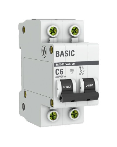 Автоматический выключатель 2P 6А (C) 4,5кА ВА 47-29 Basic (mcb4729-2-06C). Автоматический выключатель. EKF в Барнауле