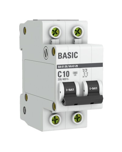 Автоматический выключатель 2P 10А (C) 4,5кА ВА 47-29 Basic (mcb4729-2-10C). Автоматический выключатель. EKF в Барнауле