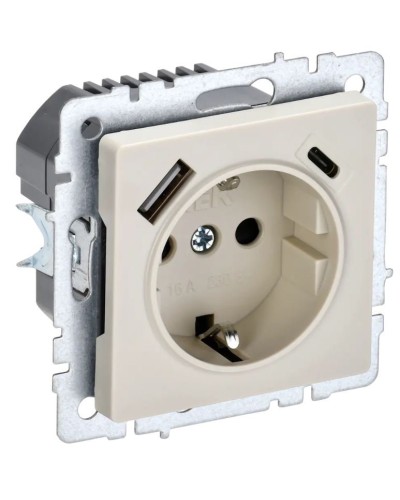 Розетка с з/к с USB A+C 18Вт РЮш11-1-БрКр бежевый BRITE (BR-R14-16-U22-018-K10). Розетка с заземлением с защитными шторками, 18Вт. IEK в Барнауле