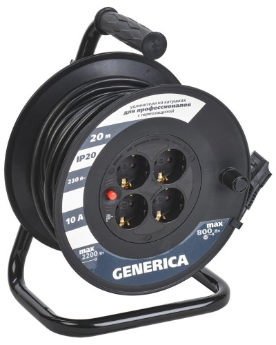 УК20 4 места 2P+PE, 20м GENERICA (WKP10-10-04-20-G). Удлинитель на катушке с термозащитой, 3х1,0кв.мм. IEK в Барнауле