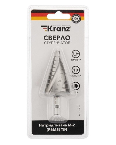 Сверло по металлу ступенчатое ТИТАН 9,0-36,0 мм 110 mm 65 HRC Р6М5 TiN Kranz (KR-12-6614): Сверло по металлу шлифованное в Барнауле