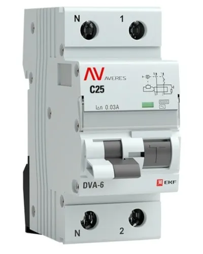 DVA-6 1P+N 25А (C) 30мА (AC) 6кА  AVERES (rcbo6-1pn-25C-30-ac-av). Автоматический выключатель дифференциального тока. EKF в Барнауле