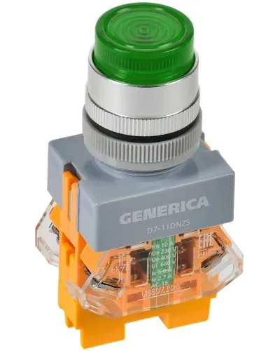 Кнопка D7-11DNZS d=22мм зеленая GENERICA (BBT50-11DNZS-3-11-K06-G). Кнопка управления с подсветкой и фиксацией. IEK в Барнауле